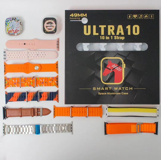 Ultra 10 Smart Watch | 10 in 1 Straps+Jelly Case | BT Calling | Super HD Display 49mm | Multi color straps & wireless charging