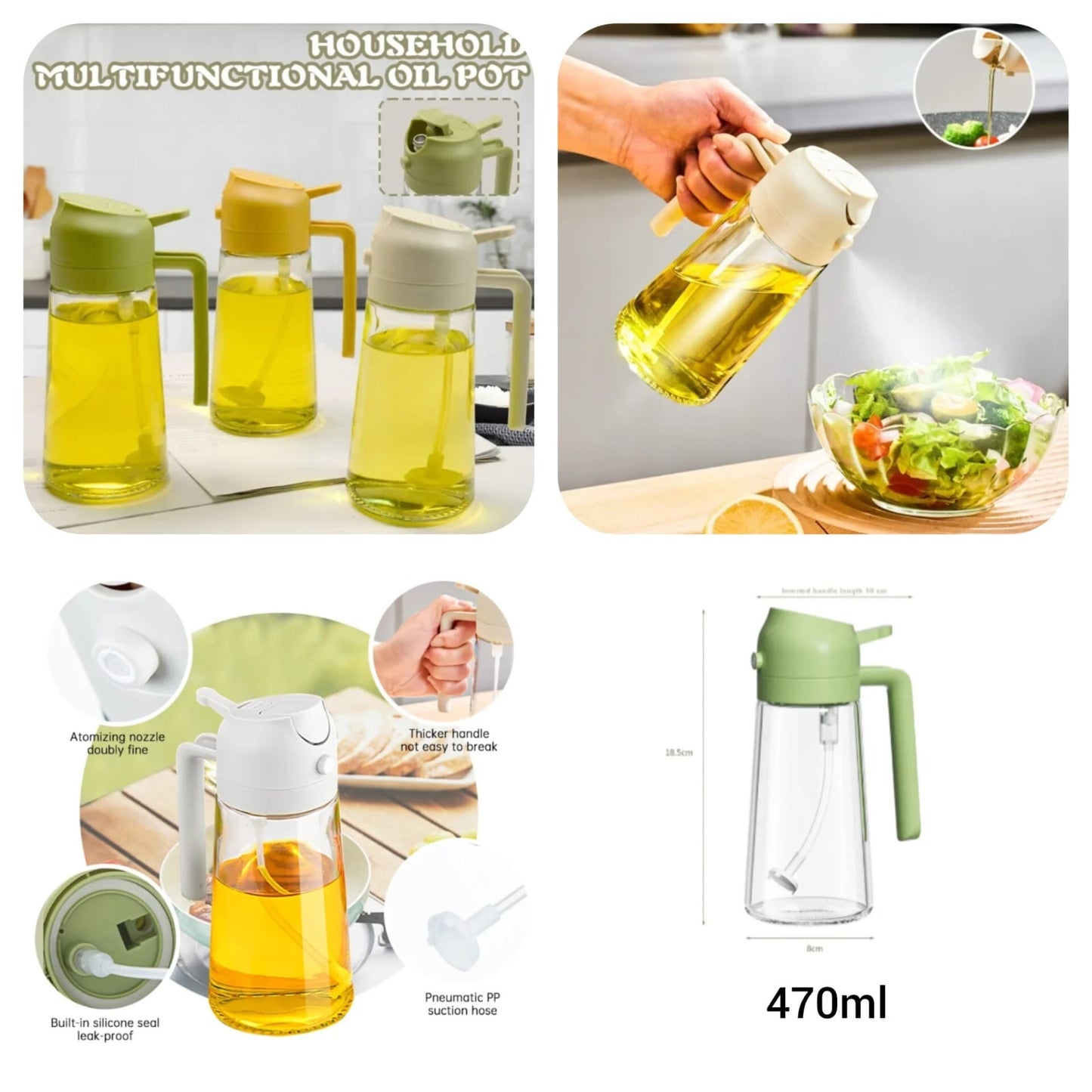 2-in-1 Oil Spray & Pour Bottle – 470ml Leak-Proof Glass Oil Dispenser for Cooking, BBQ, Baking & Air Fryer (Random Color)