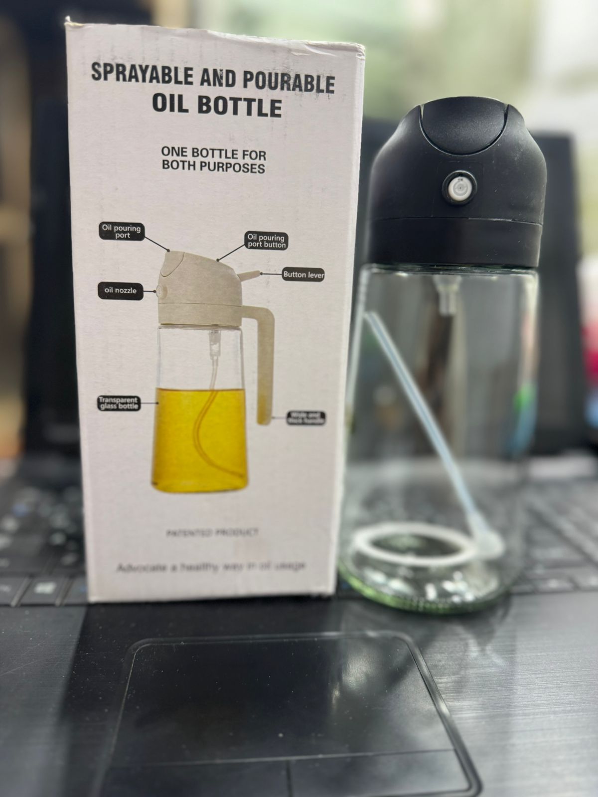 2-in-1 Oil Spray & Pour Bottle – 470ml Leak-Proof Glass Oil Dispenser for Cooking, BBQ, Baking & Air Fryer (Random Color)