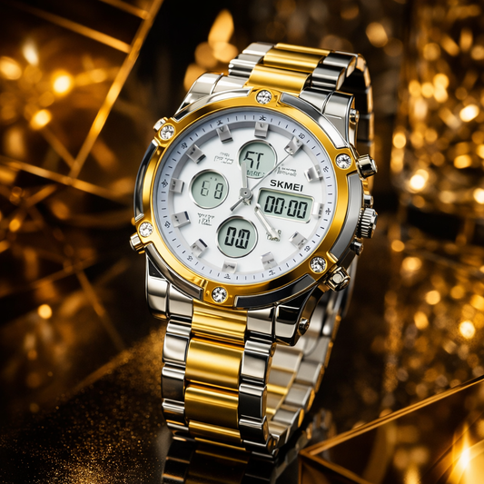 SKMEI 1389 Men’s Digital Analog Business Watch – Two-Tone Gold & Silver Stainless Steel Chronograph with Matte White Dial